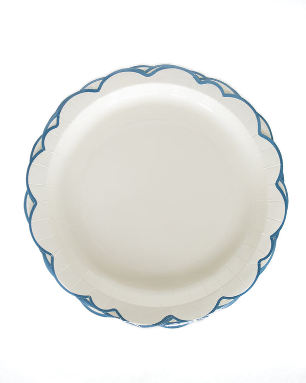 12" Cream Paper Plate with Blue Edge - Set of 8