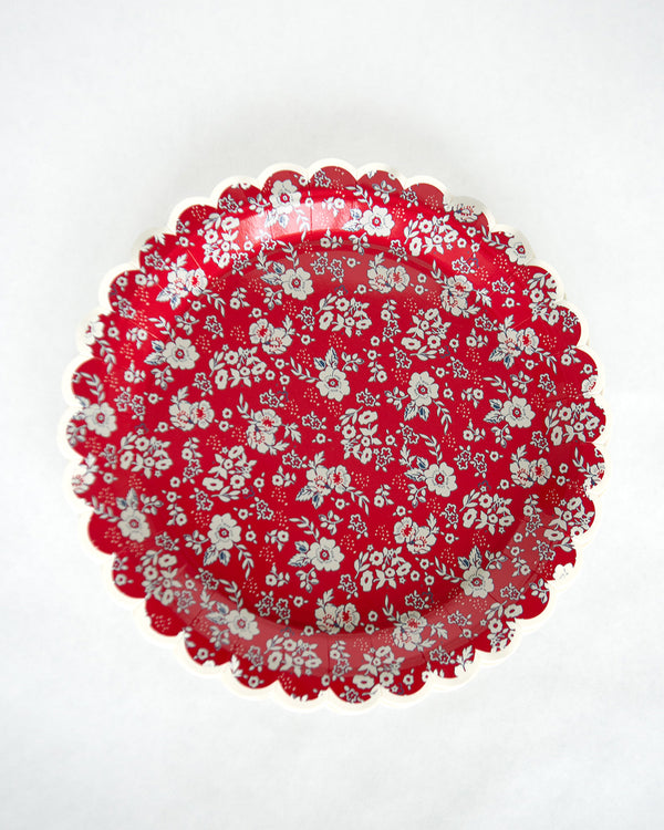 9" Red Floral Paper Plate - Set of 8