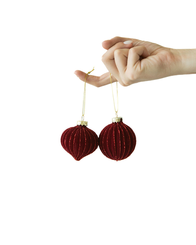 Red Ridged Glass Ornament, Set of 2