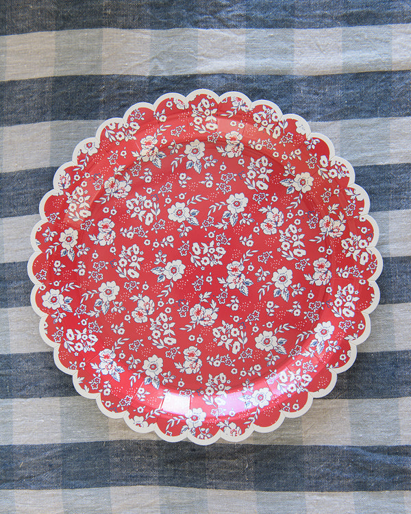 9" Red Floral Paper Plate - Set of 8